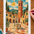 Hands placing drills on the Tuscan church street diamond painting canvas