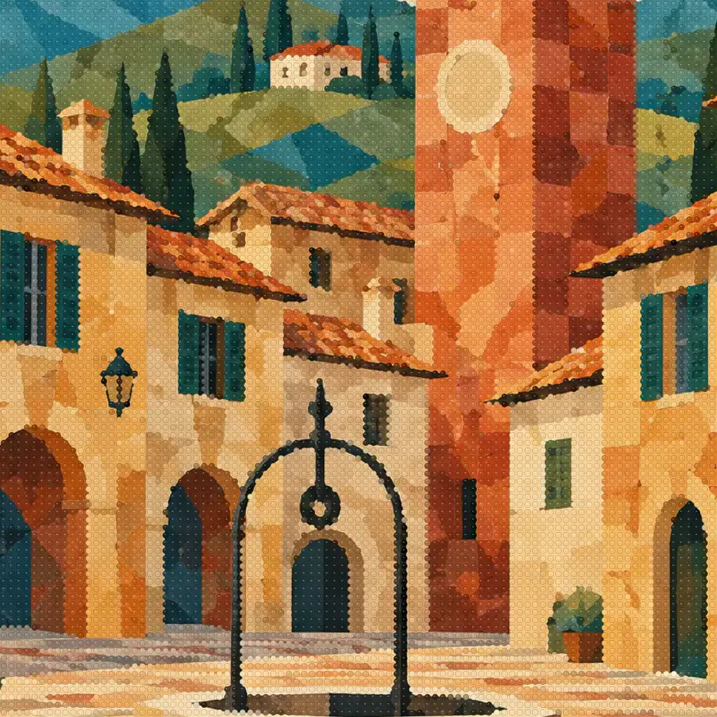 Close-up diamond detail of brick tower and geometric stone paving