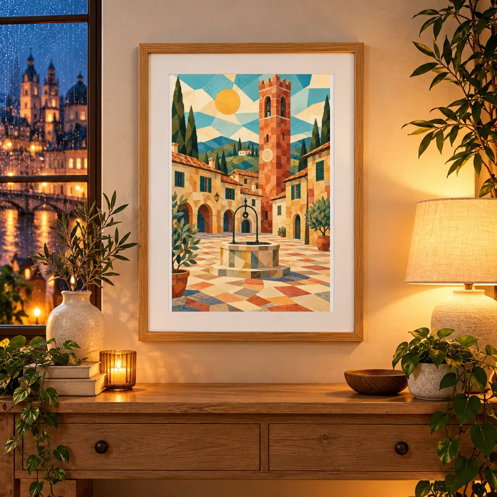 Framed home display of the Tuscan church street diamond painting