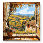 Tuscan View through a Rustic Window paint by numbers artwork on a front-facing canvas against a white background