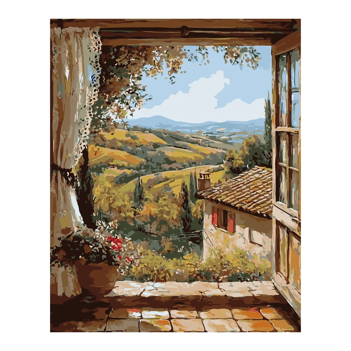 Tuscan View through a Rustic Window completed artwork on a clean white background
