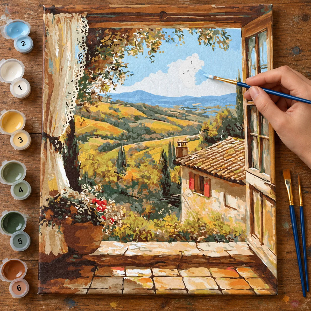 Complete Tuscan View through a Rustic Window numbered canvas being painted with acrylic paints and brushes