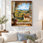 Tuscan View through a Rustic Window shown in a styled room with 15.7 × 19.7 in and 40 × 50 cm dimensions