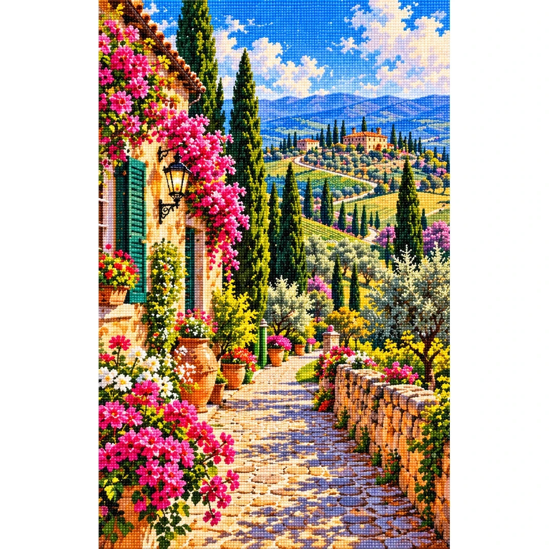 Tuscany Cypress Road Spring finished diamond painting on white