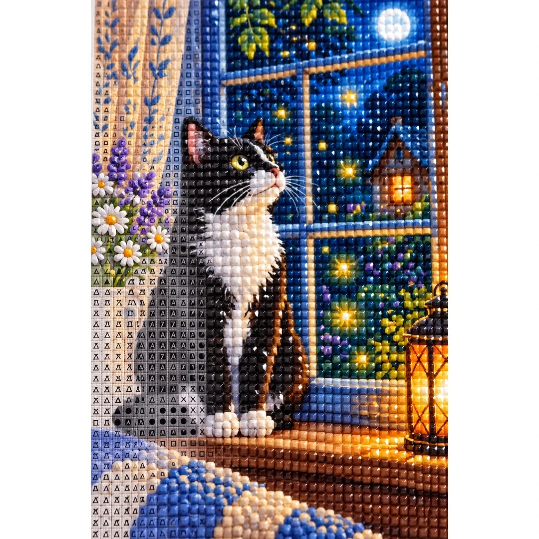 Tuxedo Cat Starry Window Diamond Painting Kit diamond and canvas detail