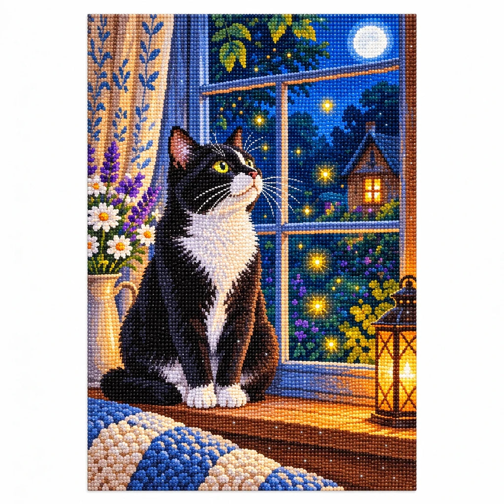 Tuxedo Cat Starry Window Diamond Painting Kit finished diamond artwork on white background