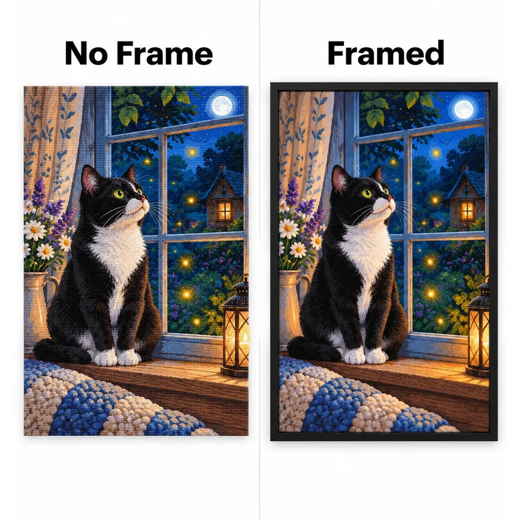 Tuxedo Cat Starry Window Diamond Painting Kit No Frame and Framed comparison
