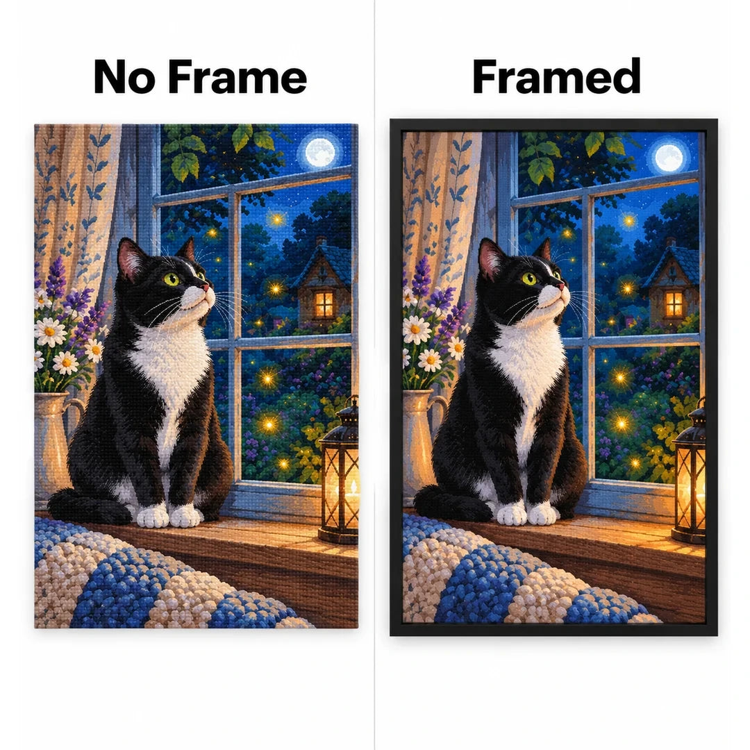 Tuxedo Cat Starry Window Diamond Painting Kit No Frame and Framed comparison