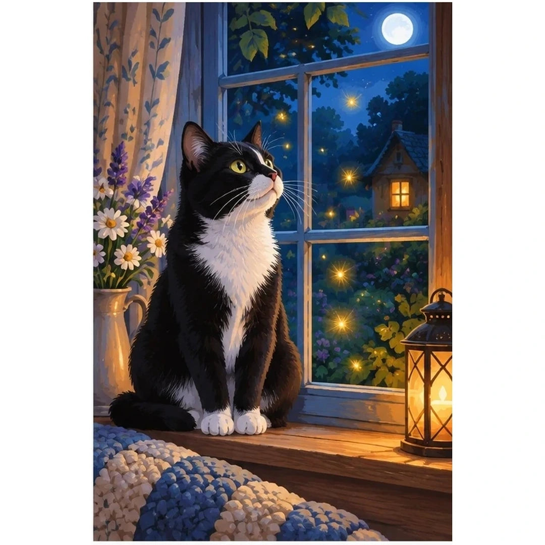 Tuxedo Cat Starry Window original artwork on white background