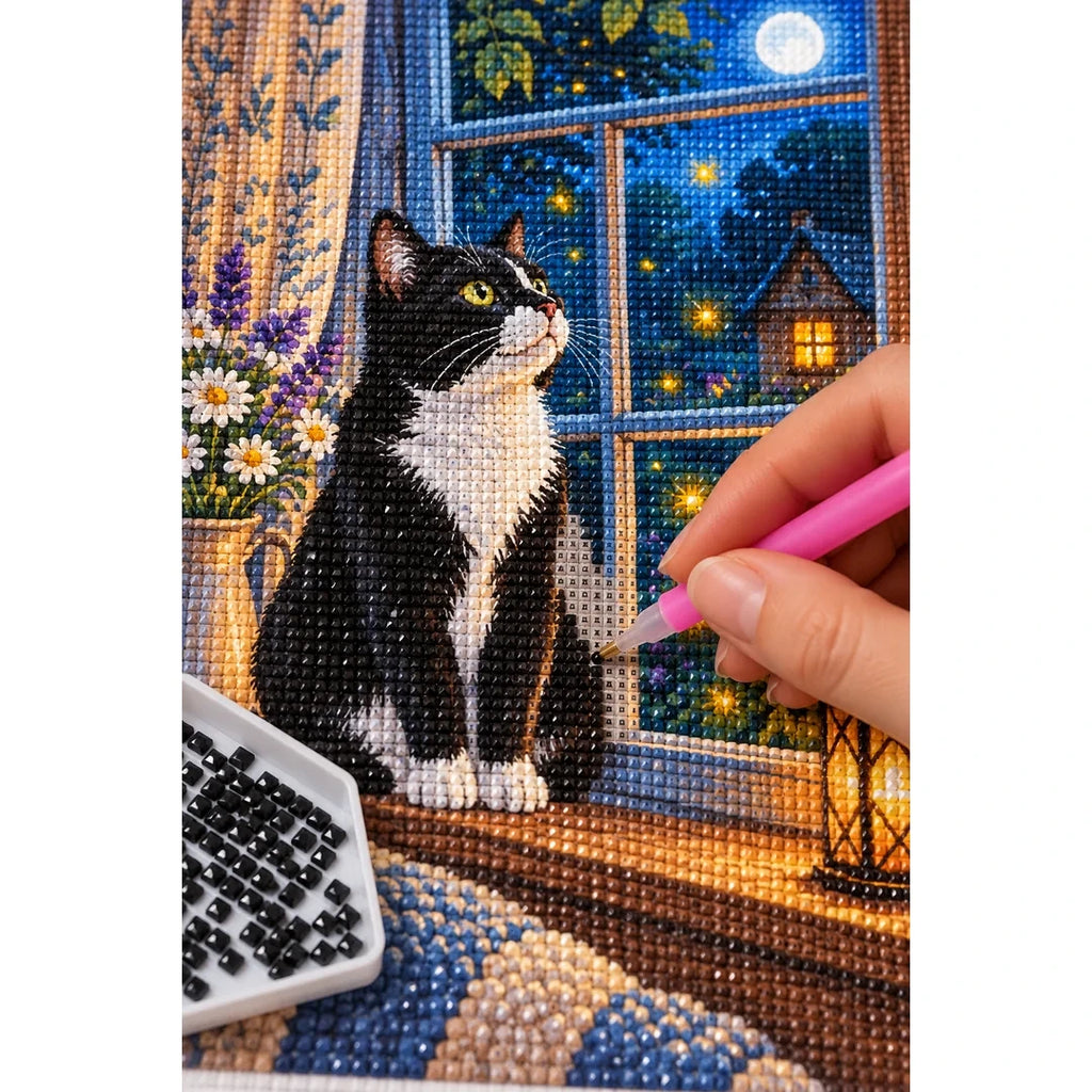 Tuxedo Cat Starry Window Diamond Painting Kit diamond placement process