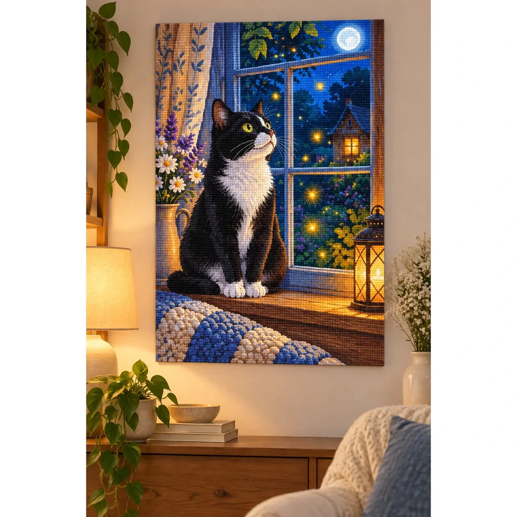 Tuxedo Cat Starry Window Diamond Painting Kit home decor scene