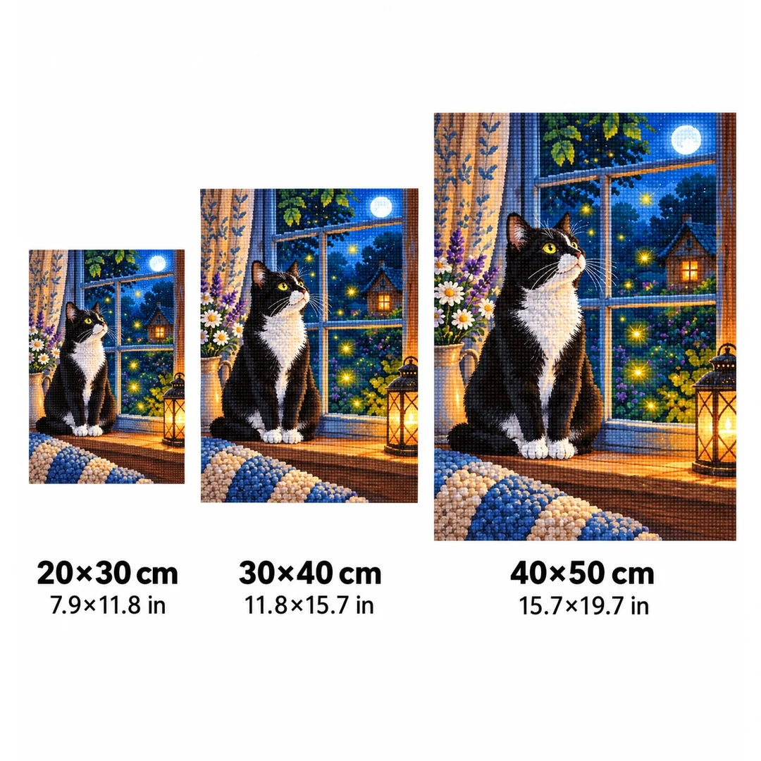 Tuxedo Cat Starry Window Diamond Painting Kit size guide