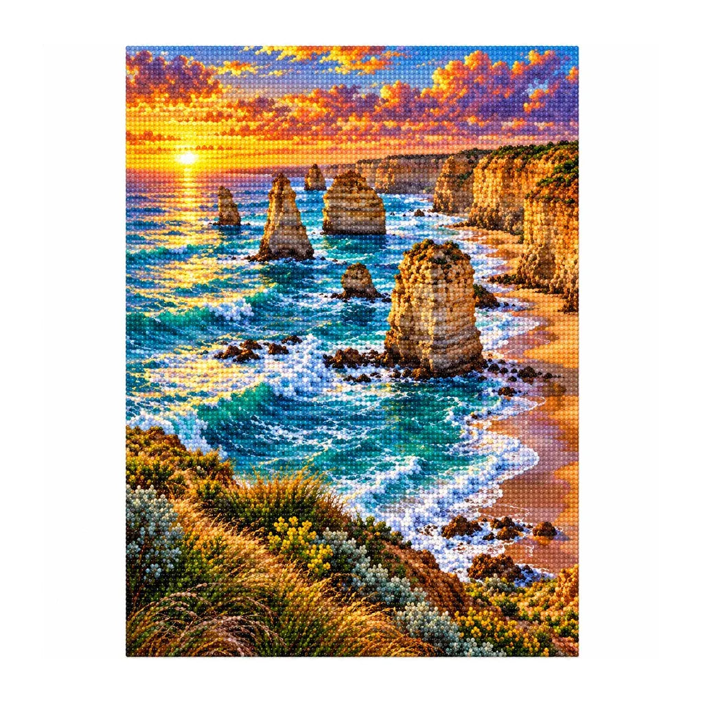 White-background finished diamond painting of Twelve Apostles Coast.