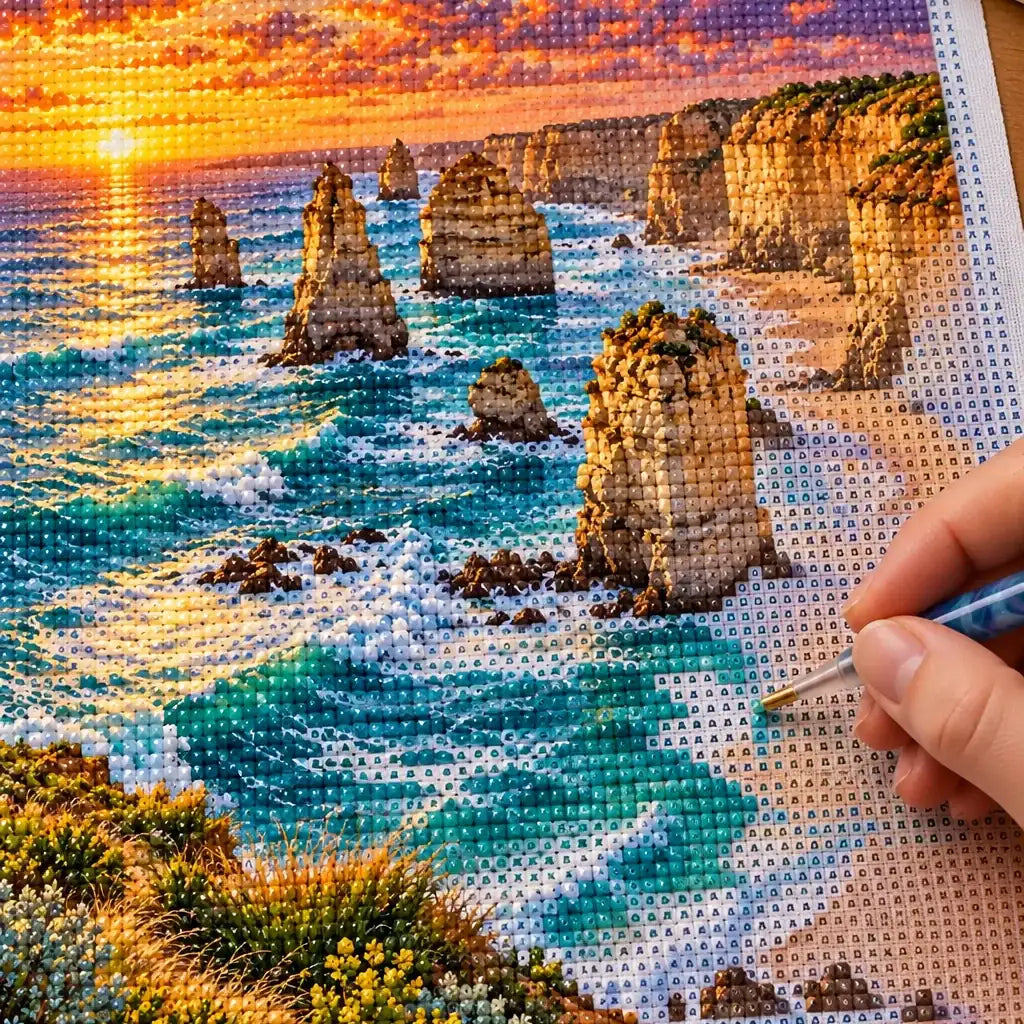 Hands placing diamond drills on the Twelve Apostles Coast design.