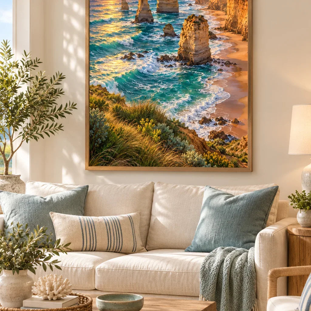 Framed Twelve Apostles Coast diamond painting displayed as home decor.