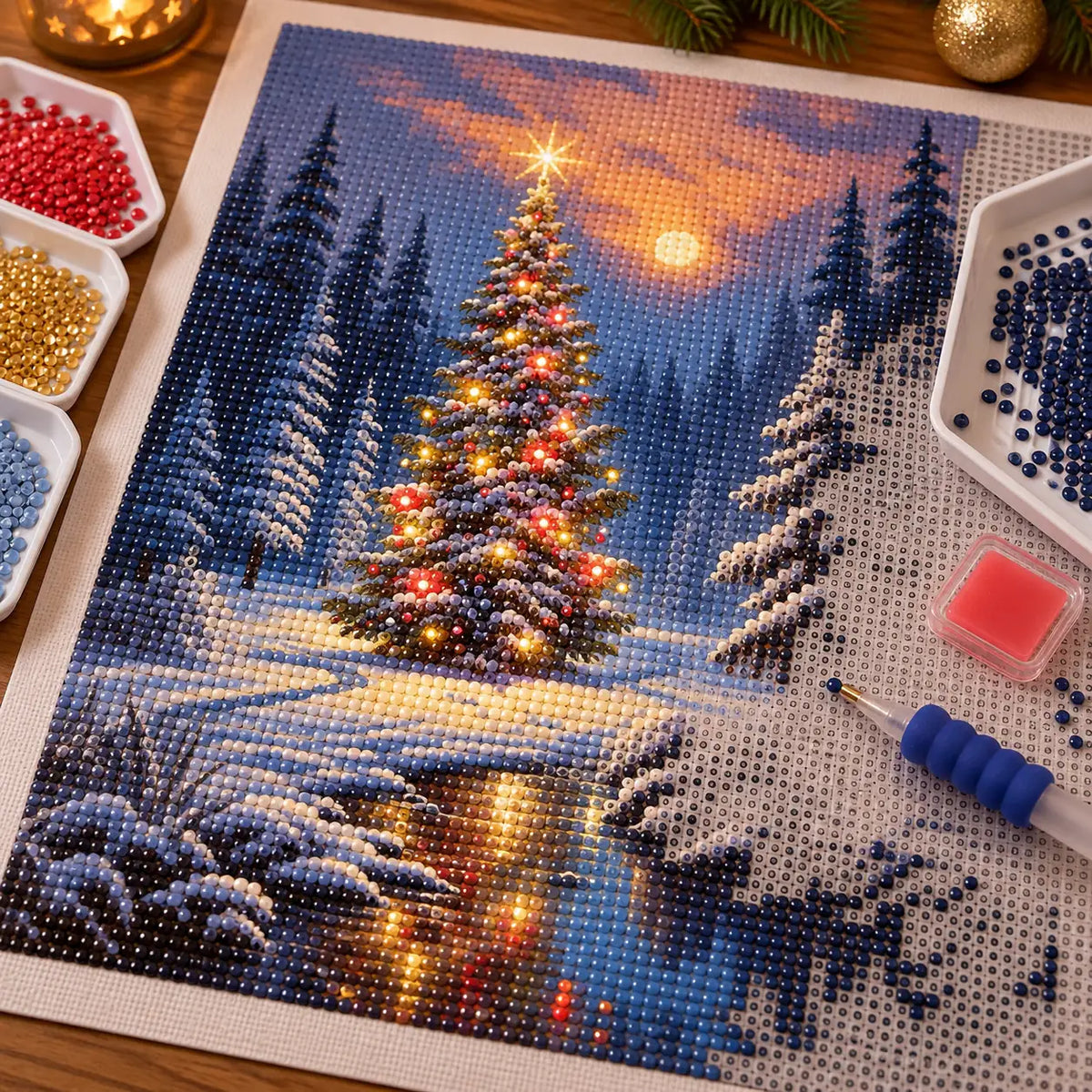 Diamond painting process for Twilight Christmas Woodland
