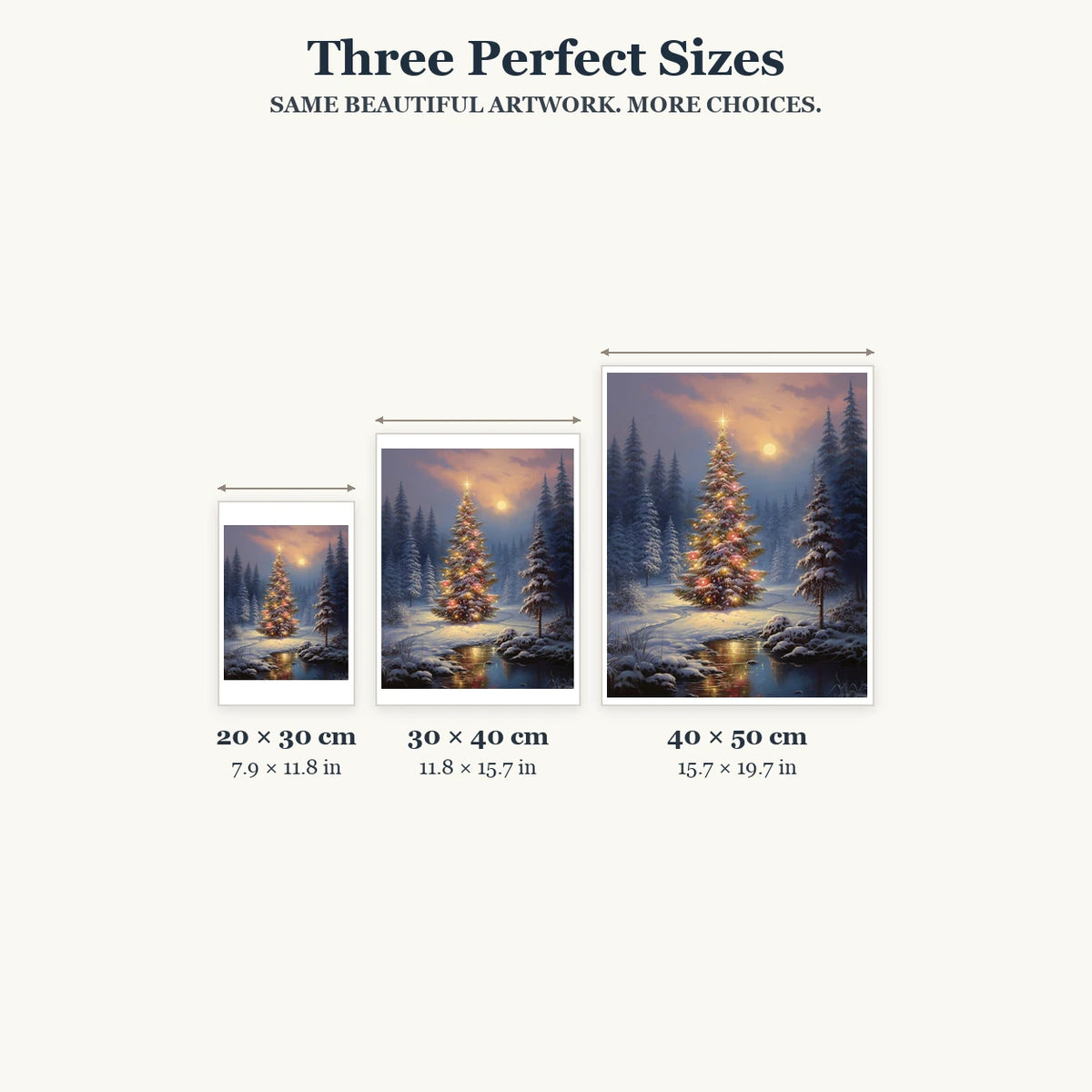 20 × 30, 30 × 40 and 40 × 50 cm size guide for Twilight Christmas Woodland