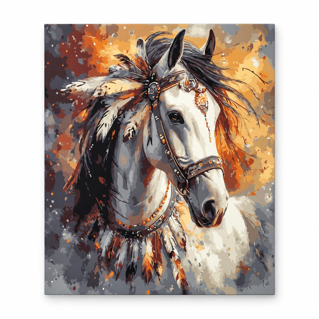 Two Horses in Autumn paint by numbers artwork on a front-facing canvas against a white background