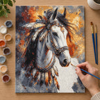 Complete Two Horses in Autumn numbered canvas being painted with acrylic paints and brushes