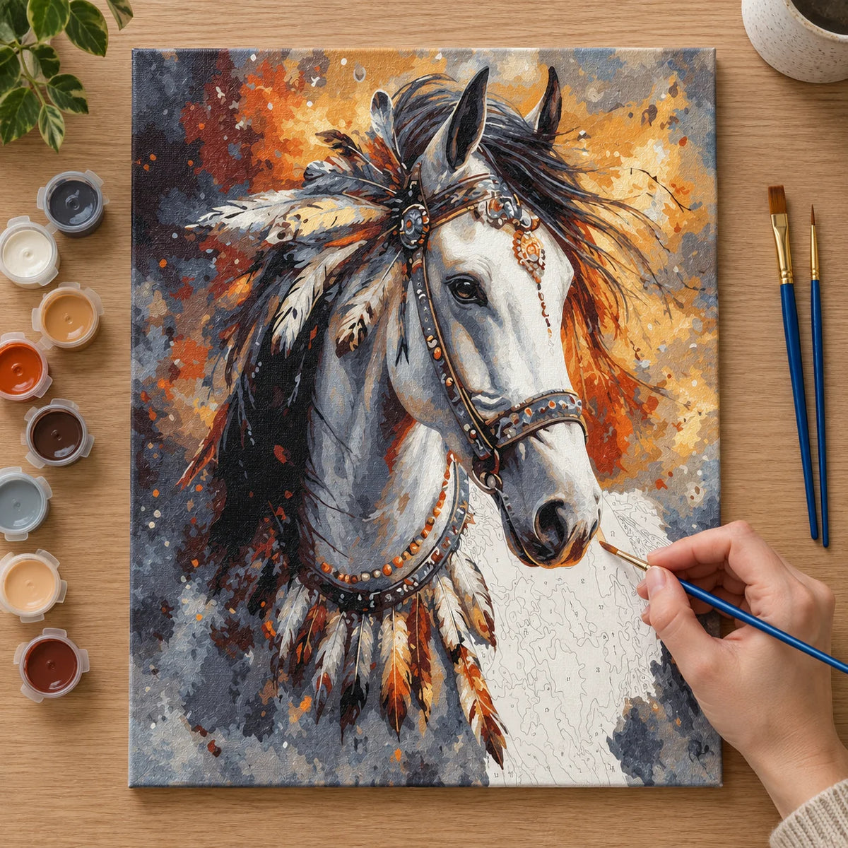 Complete Two Horses in Autumn numbered canvas being painted with acrylic paints and brushes