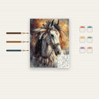 Complete Two Horses in Autumn numbered canvas being painted with acrylic paints and brushes