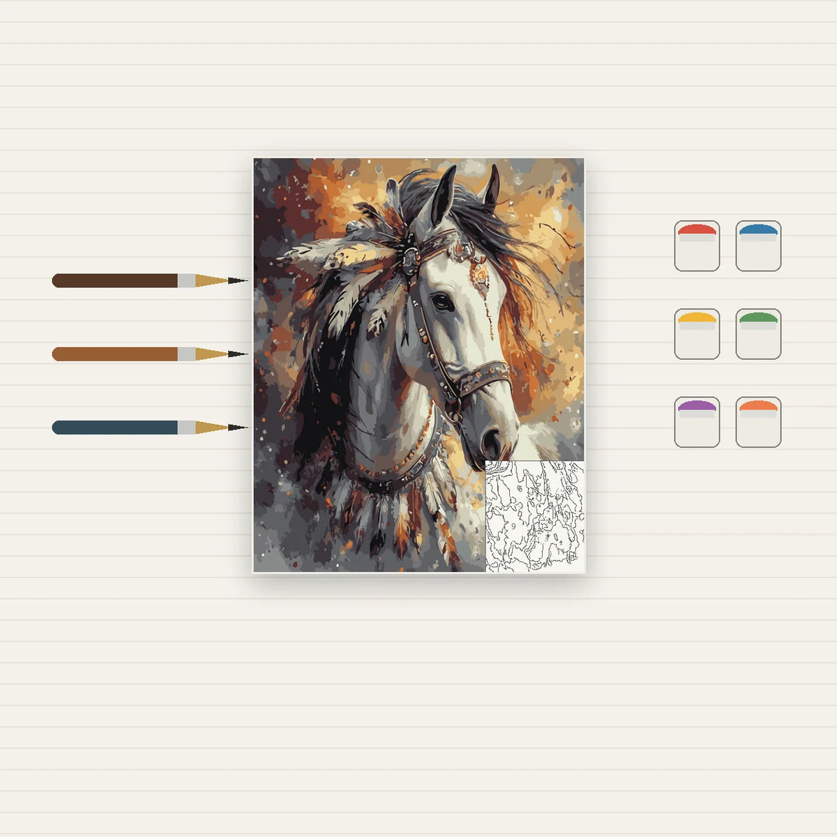 Complete Two Horses in Autumn numbered canvas being painted with acrylic paints and brushes