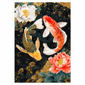 Original artwork showing two koi swimming among peonies in dark water.