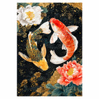 Original artwork showing two koi swimming among peonies in dark water.