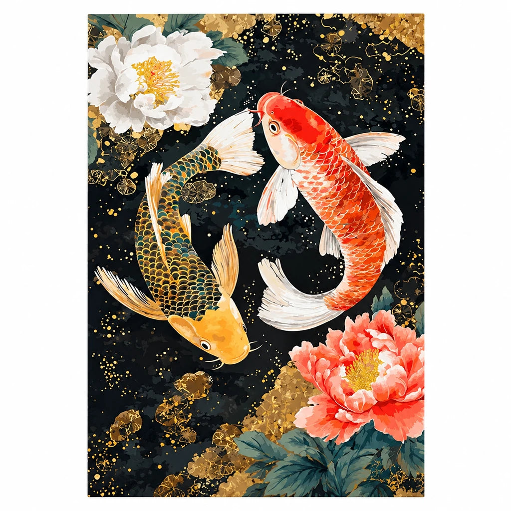 Original artwork showing two koi swimming among peonies in dark water.
