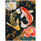 Finished diamond painting of two koi swimming among peonies in dark water.