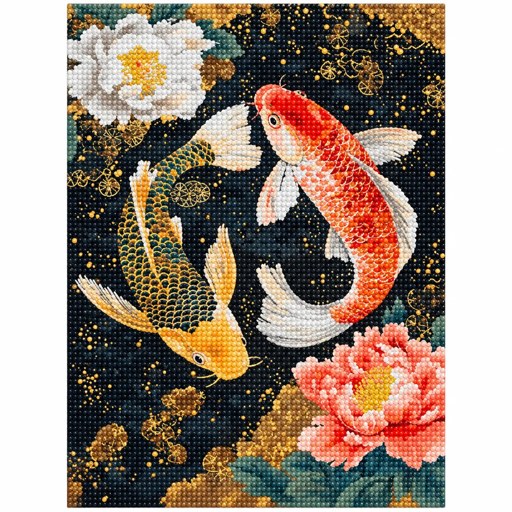 Finished diamond painting of two koi swimming among peonies in dark water.