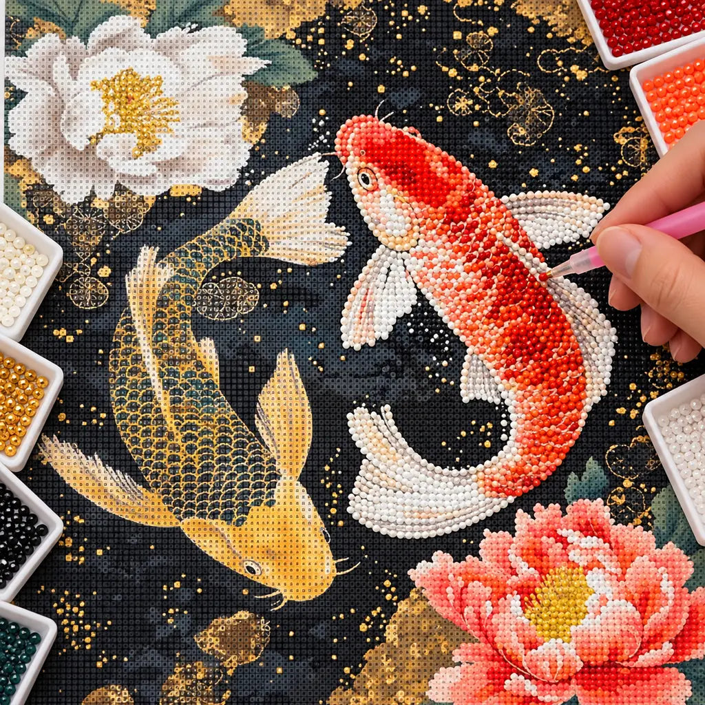 Diamond painting process for two koi swimming among peonies in dark water.
