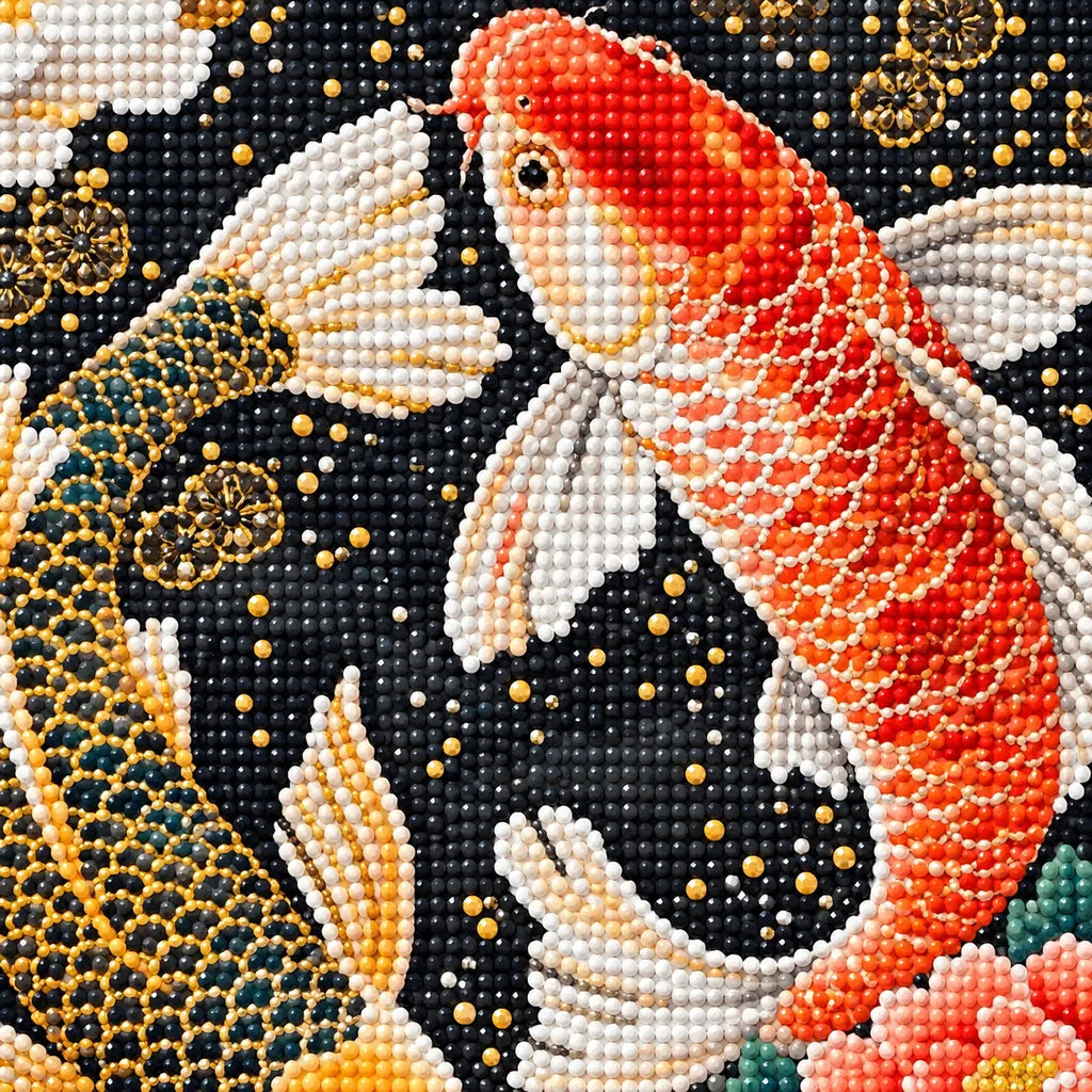 Close-up of diamond drill details in two koi swimming among peonies in dark water.