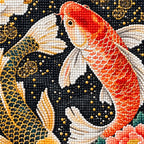 Close-up of diamond drill details in two koi swimming among peonies in dark water.