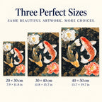 Size guide for Two Koi Peonies in Dark Water Diamond Painting Kit: 20 × 30 cm, 30 × 40 cm, and 40 × 50 cm.
