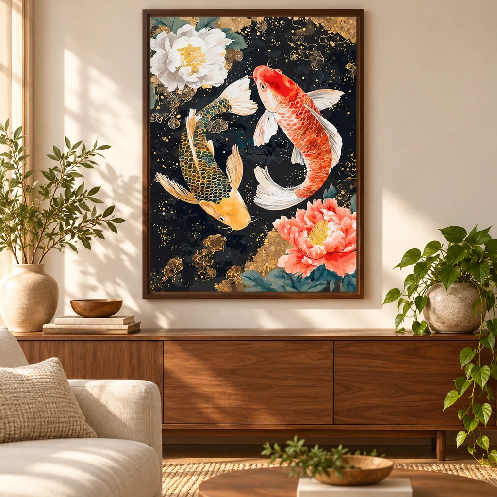 Home decor scene showing two koi swimming among peonies in dark water displayed on a wall.
