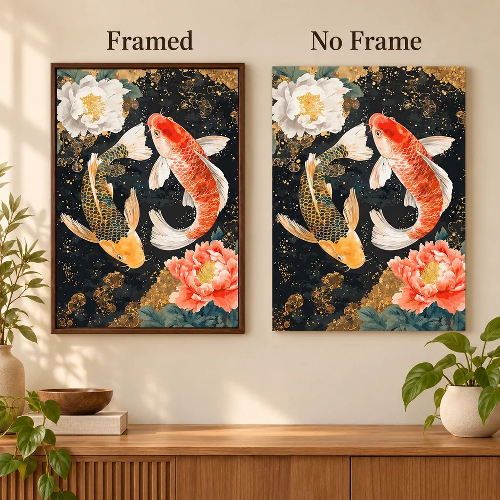 Framed and no-frame comparison for Two Koi Peonies in Dark Water Diamond Painting Kit.