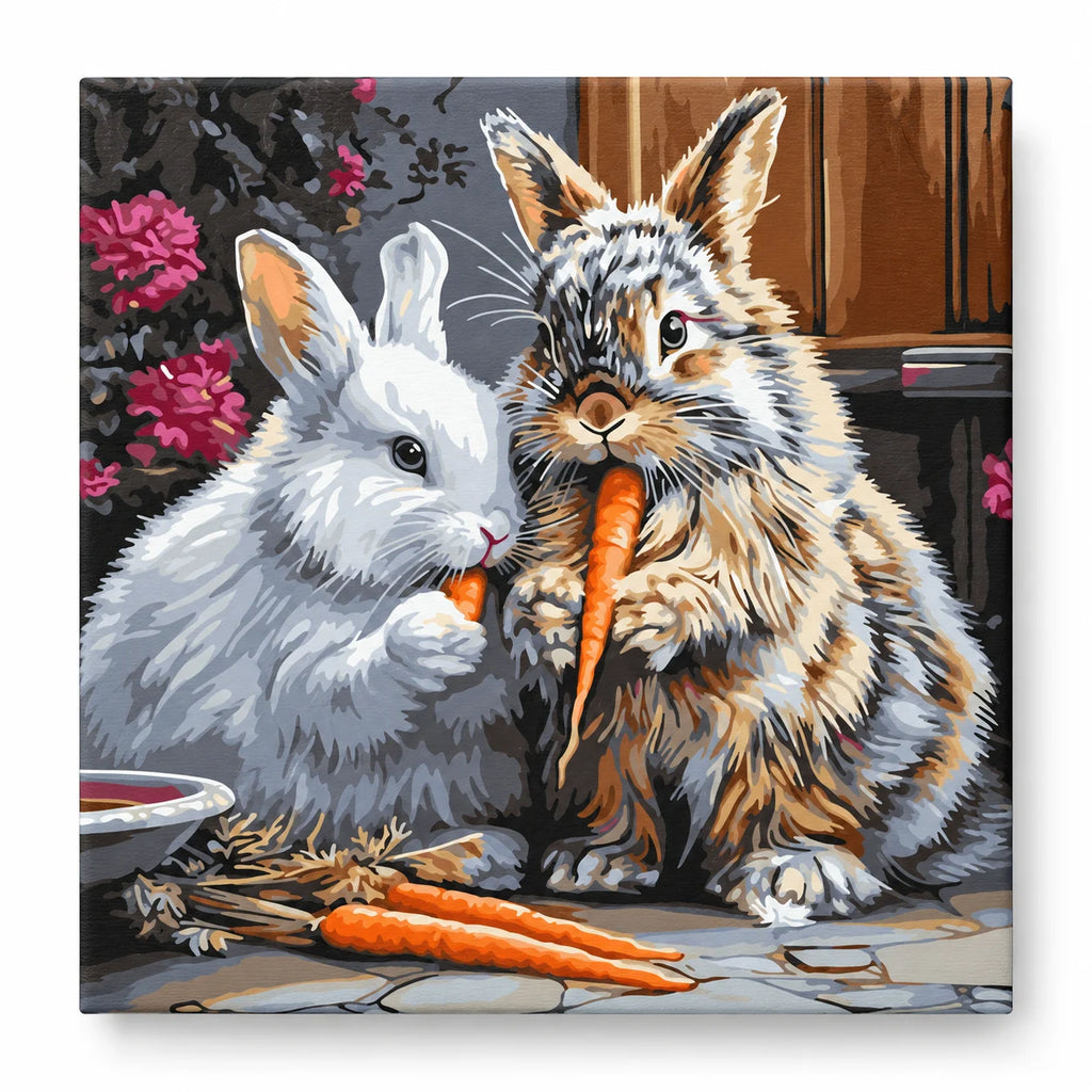 Two Rabbits Sharing a Carrot paint by numbers artwork on a front-facing canvas against a white background