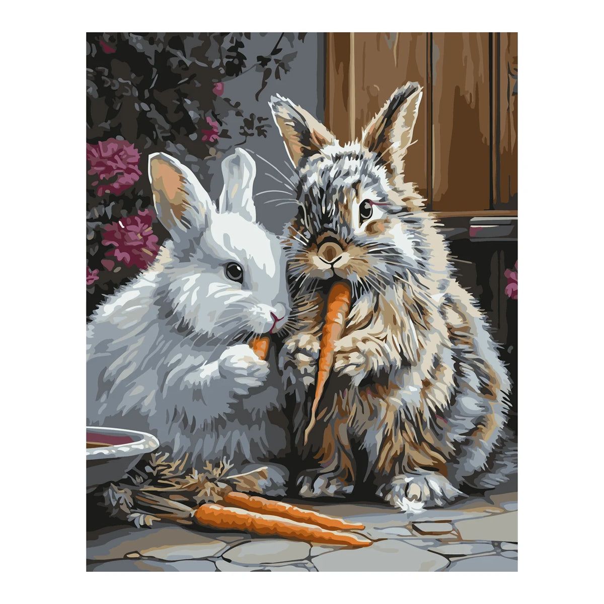 Two Rabbits Sharing a Carrot completed artwork on a clean white background