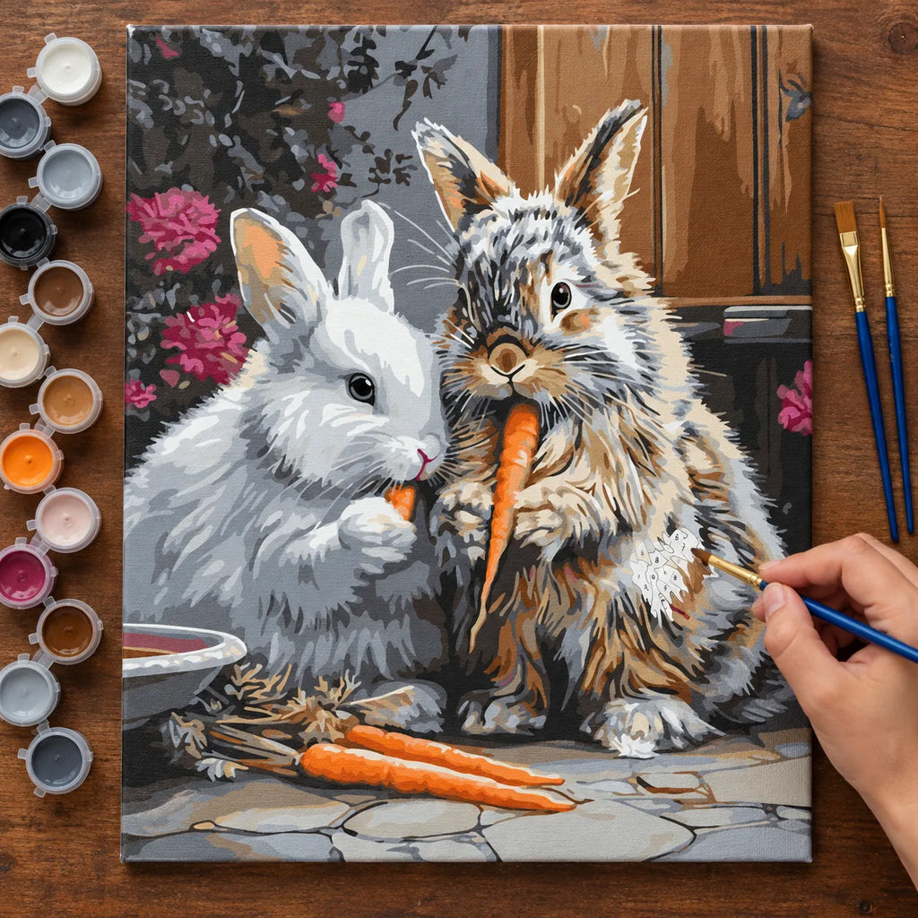 Complete Two Rabbits Sharing a Carrot numbered canvas being painted with acrylic paints and brushes