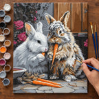 Complete Two Rabbits Sharing a Carrot numbered canvas being painted with acrylic paints and brushes