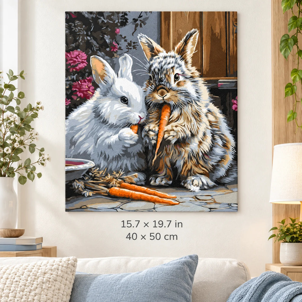 Two Rabbits Sharing a Carrot shown in a styled room with 15.7 × 19.7 in and 40 × 50 cm dimensions