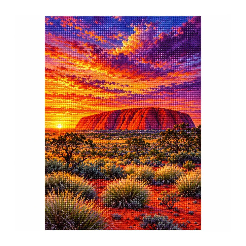 White-background finished diamond painting of Uluru Sunset.