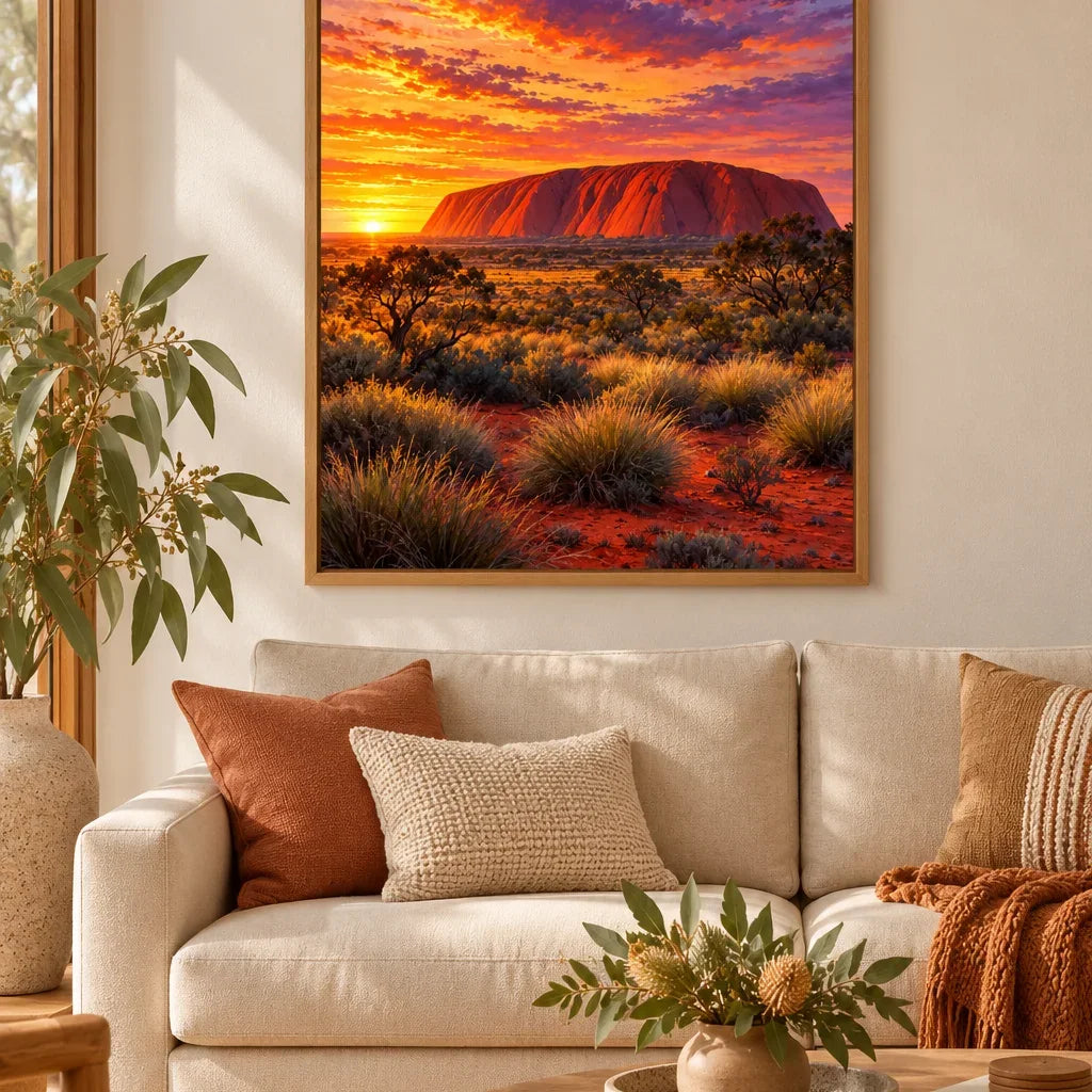 Framed Uluru Sunset diamond painting displayed as home decor.