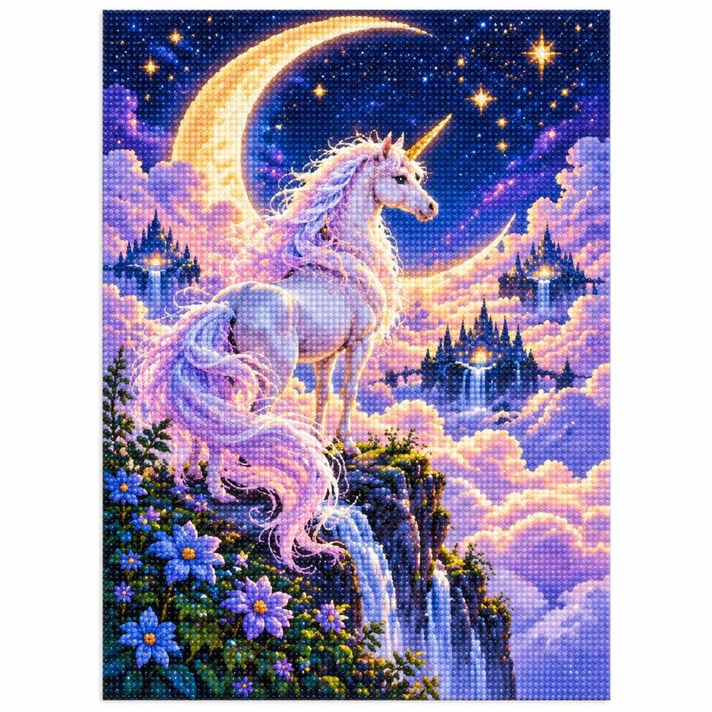 Unicorn Crescent Moon Diamond Painting Kit finished diamond artwork on white background