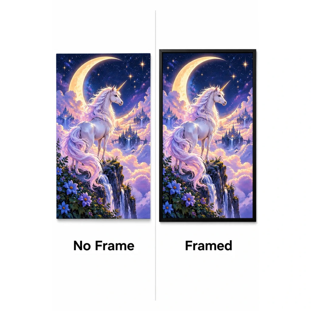 Unicorn Crescent Moon Diamond Painting Kit No Frame and Framed comparison