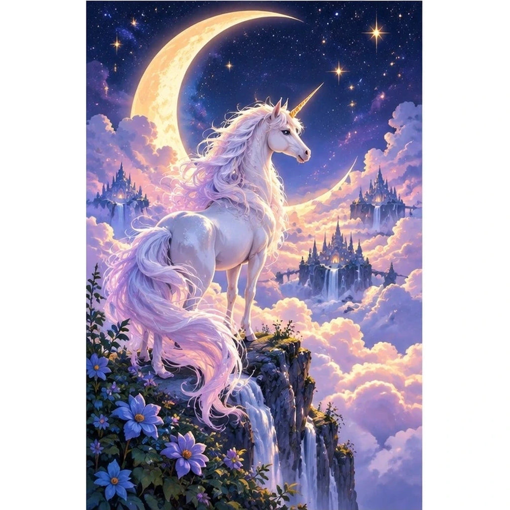 Unicorn Crescent Moon Diamond Painting Kit original artwork on white background