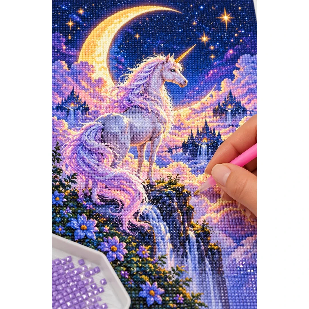 Unicorn Crescent Moon Diamond Painting Kit diamond placement process