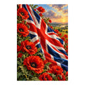 Original artwork of a Union Jack flag flowing above red poppies at sunset