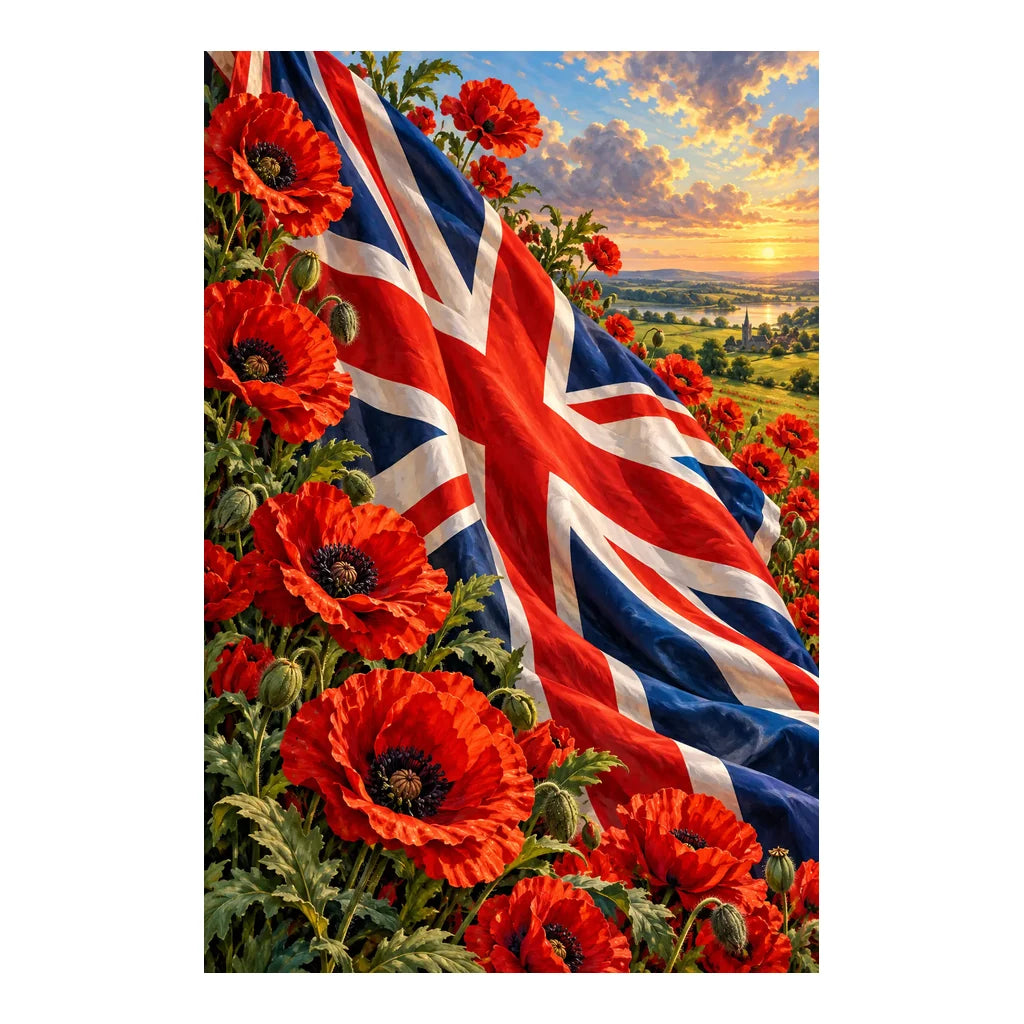 Original artwork of a Union Jack flag flowing above red poppies at sunset